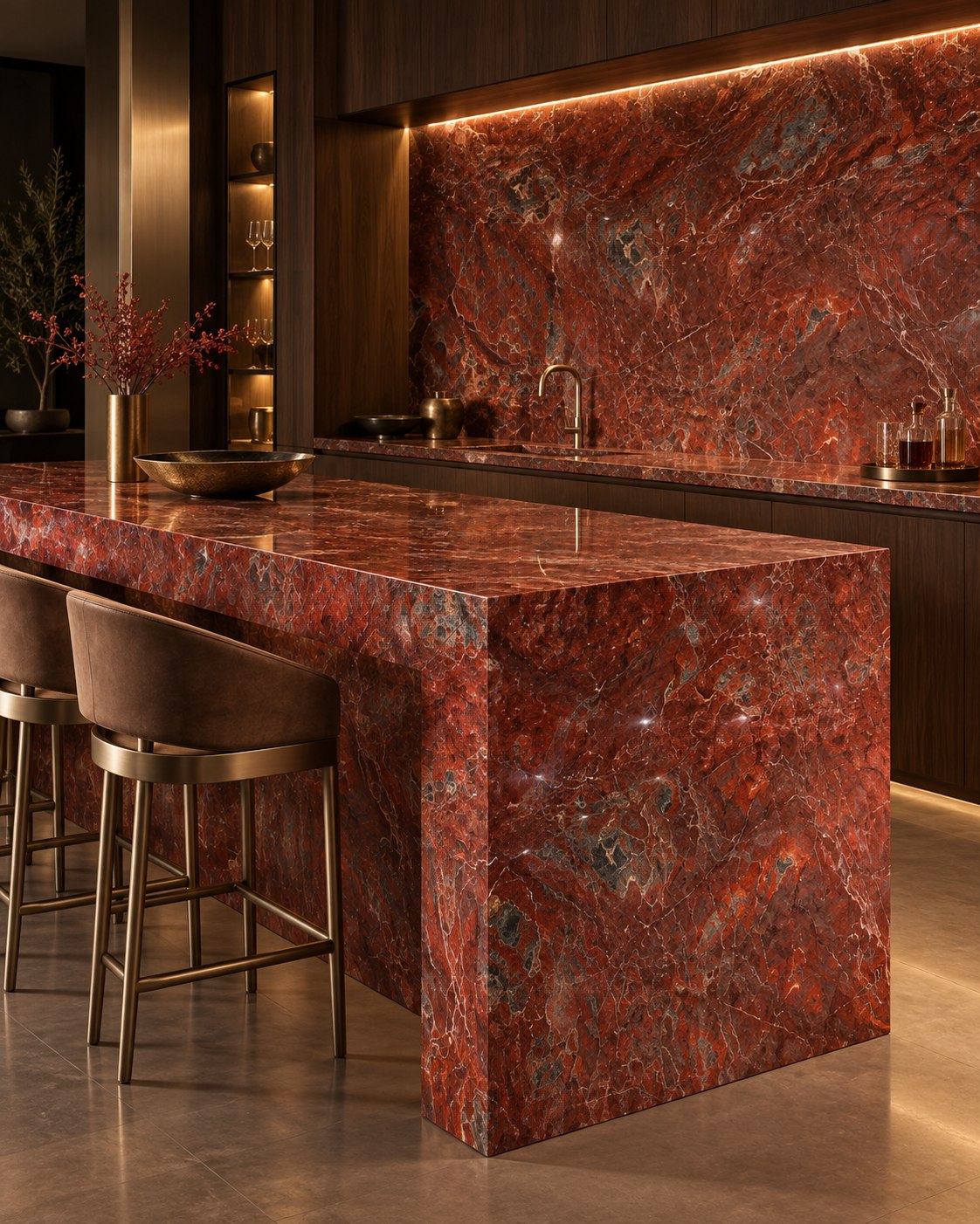 Aplicação conceitual do material exótico Vermelho Napoleon Bordeaux em um bar residencial